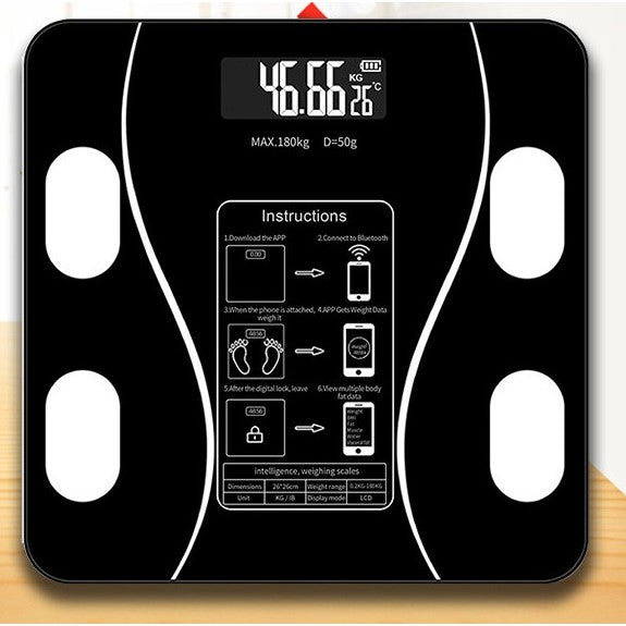 Cantar Electronic Inteligent De Baie Vivimall Cu Aplicatie Smart, Corporal, Ecran Digital Iluminat, Termometru, Suporta Maxim 180 Kg, 26 x 26 cm, Baterii, Negru - vivimall.ro