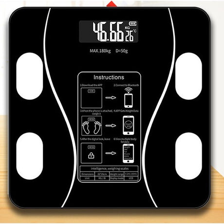 Cantar Electronic Inteligent De Baie Vivimall Cu Aplicatie Smart, Corporal, Ecran Digital Iluminat, Termometru, Suporta Maxim 180 Kg, 26 x 26 cm, Baterii, Negru - vivimall.ro