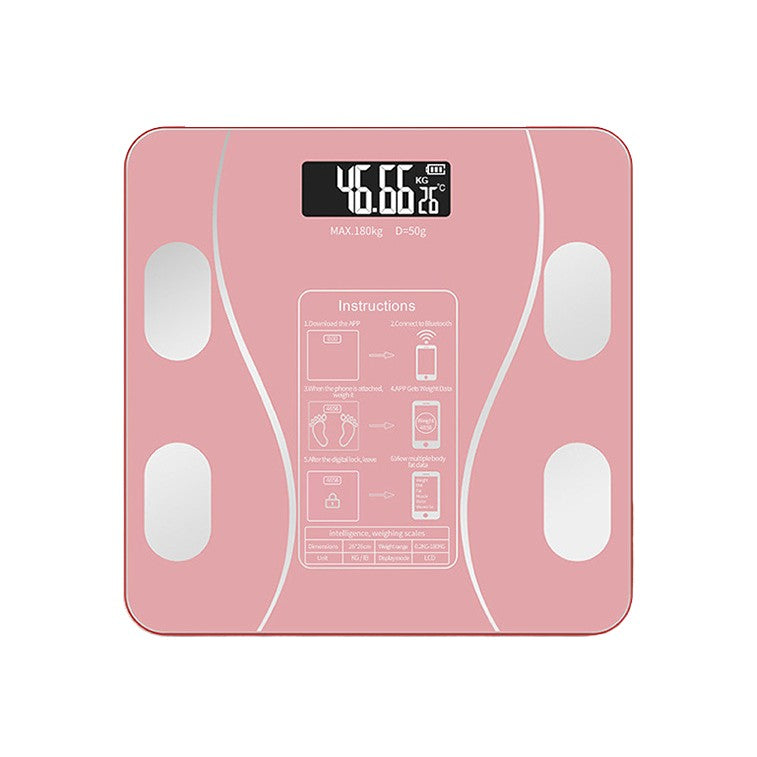 Cantar Electronic Inteligent De Baie Vivimall Cu Aplicatie Smart, Corporal, Ecran Digital Iluminat, Termometru, Suporta Maxim 180 Kg, 26 x 26 cm, Baterii, Roz - vivimall.ro