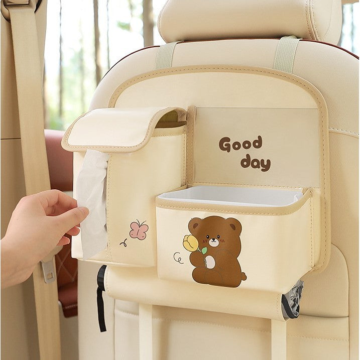 Geanta Multifunctionala de Depozitare, Vivimall, pentru Bancheta din Spate a Masinii, Animat, Model Ursuleti, Scris Good Day, Suport Servetele si Telefon, 25x31 cm, Bej - vivimall.ro