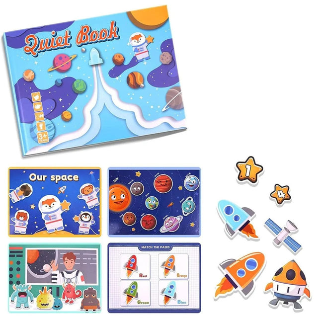 Quiet Book senzorial Flippy Explorarea Spațiului, vedere frontală copertă cu ilustrații sistem solar