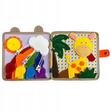 Carte Senzoriala Educativa Montessori 7in1, Vivimall, Dezvoltare Abilitati Motorii, 8 Pagini, 3D, cu Elemente Detasabile, Model Girafa, 21x21x8 cm, Maro - vivimall.ro