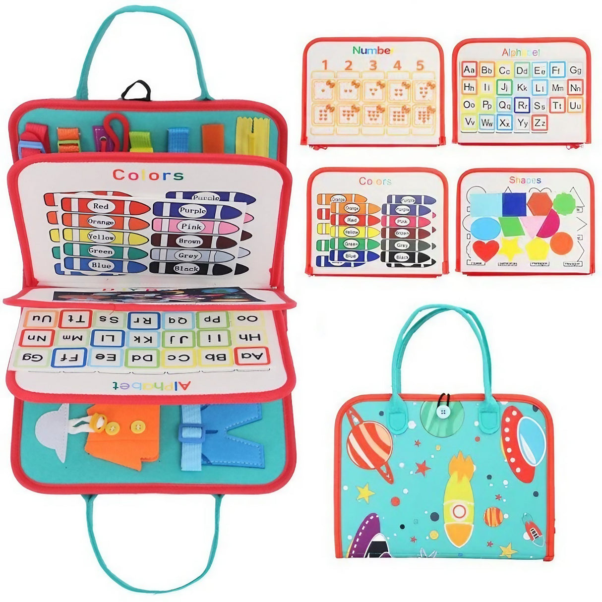 Carte Senzoriala Educativa Montessori, Vivimall, cu Activitati, Dezvoltare Abilitati Motorii, 4 Pagini, Model Spatiu Cosmic, 28x22x7 cm, Albastru - vivimall.ro