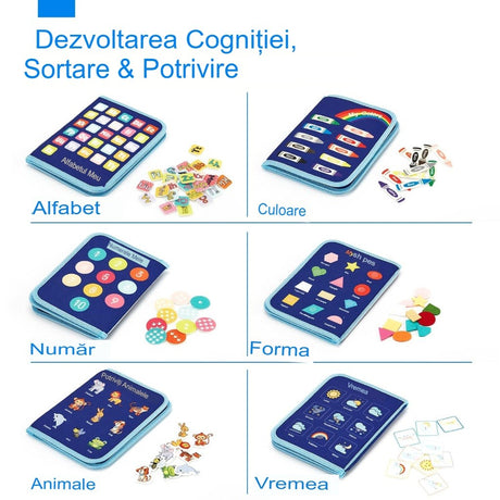 Carte Senzoriala Educativa Montessori, Vivimall, Dezvoltare Abilitati Motorii, 5 Pagini, Model Dinozauri, 28x22x7 cm, Albastru - vivimall.ro