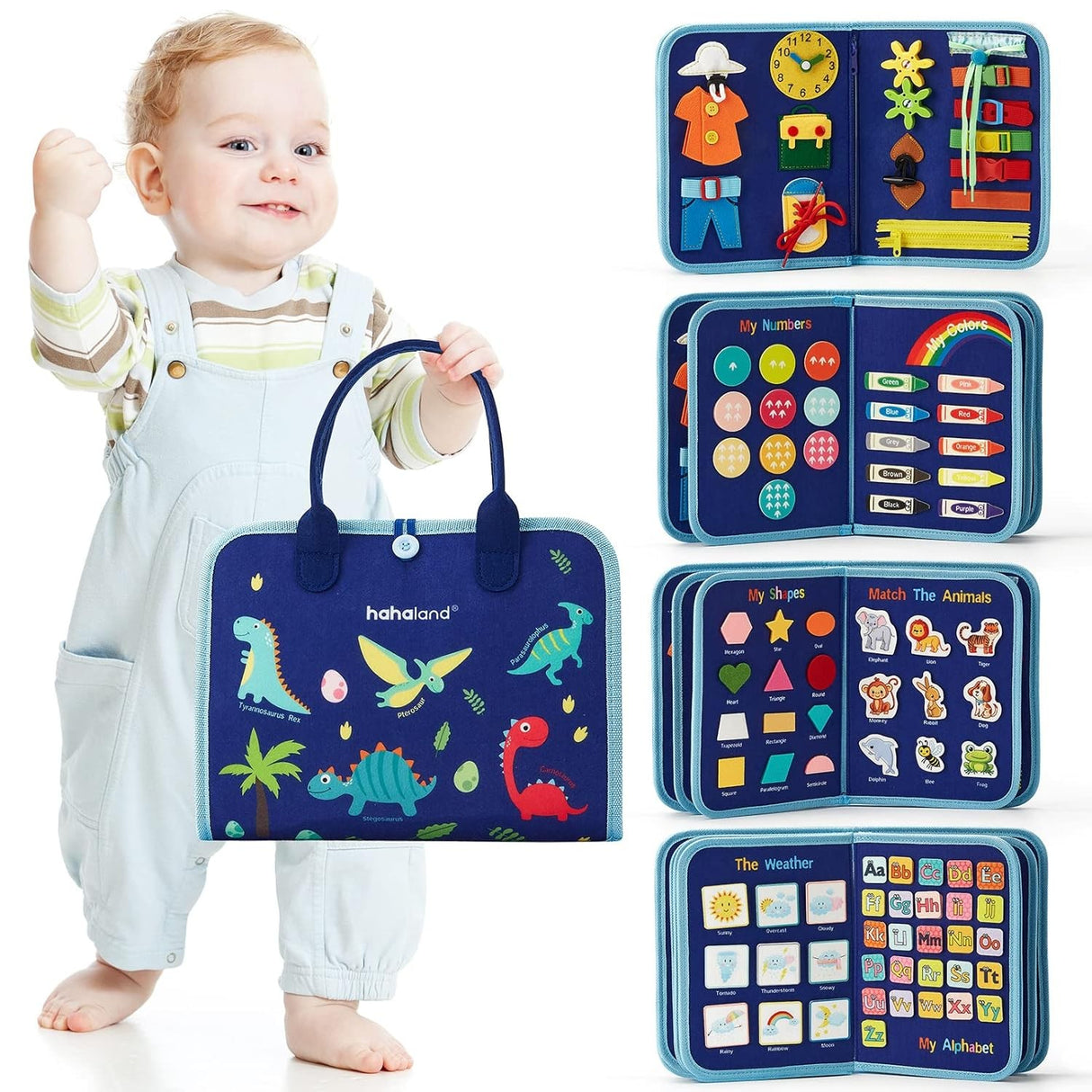 Carte Senzoriala Educativa Montessori, Vivimall, Dezvoltare Abilitati Motorii, 5 Pagini, Model Dinozauri, 28x22x7 cm, Albastru - vivimall.ro