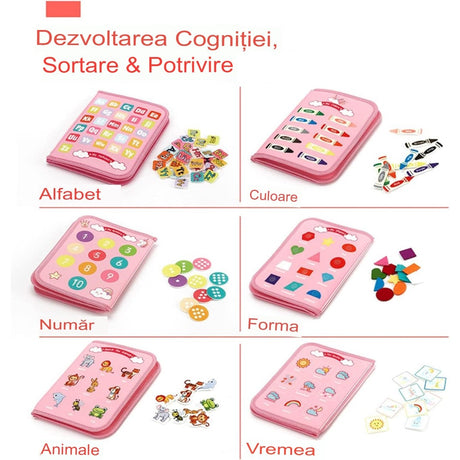 Carte Senzoriala Educativa Montessori, Vivimall, Dezvoltare Abilitati Motorii, 5 Pagini, Model Unicorni, 28x22x7 cm, Roz - vivimall.ro