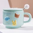 Cana ceramica, Vivimall, din Portelan, print Figurine Animalute, Cana penru Copii, Model CUTE, Cana cu Lingura si Capac, Ceasca pentru Cafea, Ceai, 400ml Albastru - vivimall.ro