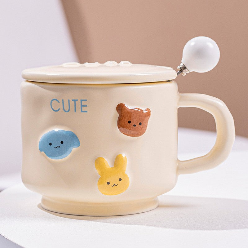 Cana Ceramica, Din Portelan, Print Figurine Animalute, Cana Penru Copii, Model Cute, Cana Cu Lingura Si Capac, Ceasca Pentru Cafea, Ceai, 400Mla-Galben - vivimall.ro
