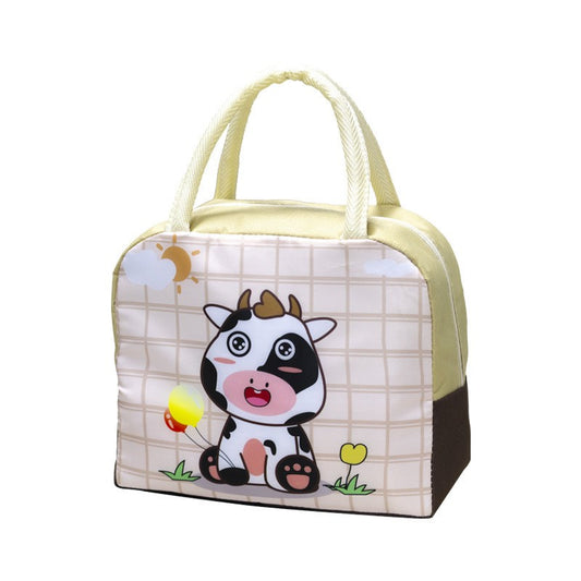 Geanta Termoizolanta pentru Copii, Vivimall, 23x13x19 cm, Model Imprimeu Vacuta, din Folie de Aluminiu si Panza Oxford, Bej - vivimall.ro