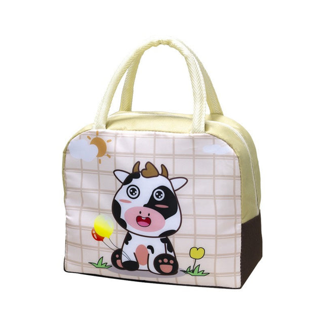 Geanta Termoizolanta pentru Copii, Vivimall, 23x13x19 cm, Model Imprimeu Vacuta, din Folie de Aluminiu si Panza Oxford, Bej - vivimall.ro