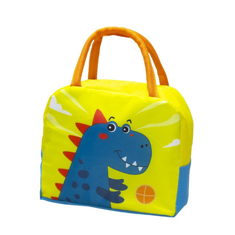 Geanta Termoizolanta pentru Copii, Vivimall, 23x13x19 cm, Model Imprimeu Dinozaur, din Folie de Aluminiu si Panza Oxford, Albastru/Galben - vivimall.ro