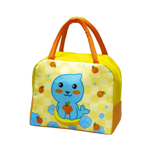 Geanta Termoizolanta pentru Copii, Vivimall, 23x13x19 cm, Model Imprimeu Foca, din Folie de Aluminiu si Panza Oxford, Galben/Portocaliu - vivimall.ro