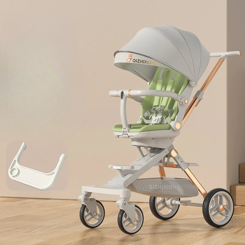 Carucior Sport Vivimall 3in1, 6-36 Luni, Pliabil, Tavita pentru Masa, Pat de Dormit, Centura de Siguranta, Roti 360 Grade, Reversibil, Parasolar, Maner Reglabil, 64 x 35 x 100 cm, Gri/Verde - vivimall.ro