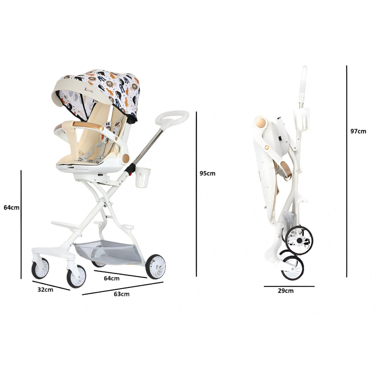 Carucior Sport 3In1, 6-36 Luni, Reversibil, Pliabil, Tavita Pentru Masa, Pozitie De Somn, Centura De Siguranta, Roti 360, Suport Pahar, Copertina Pentru Soare, Crem - vivimall.ro