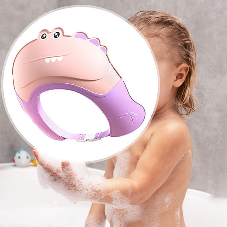 Casca de Dus, Vivimall, Previne Scurgerea Apei si Samponului pe Fata, 0-12 Ani, Ajustabila, din TPE+PP, 20 x 23 cm, Model Crocodil, Roz/Mov - vivimall.ro