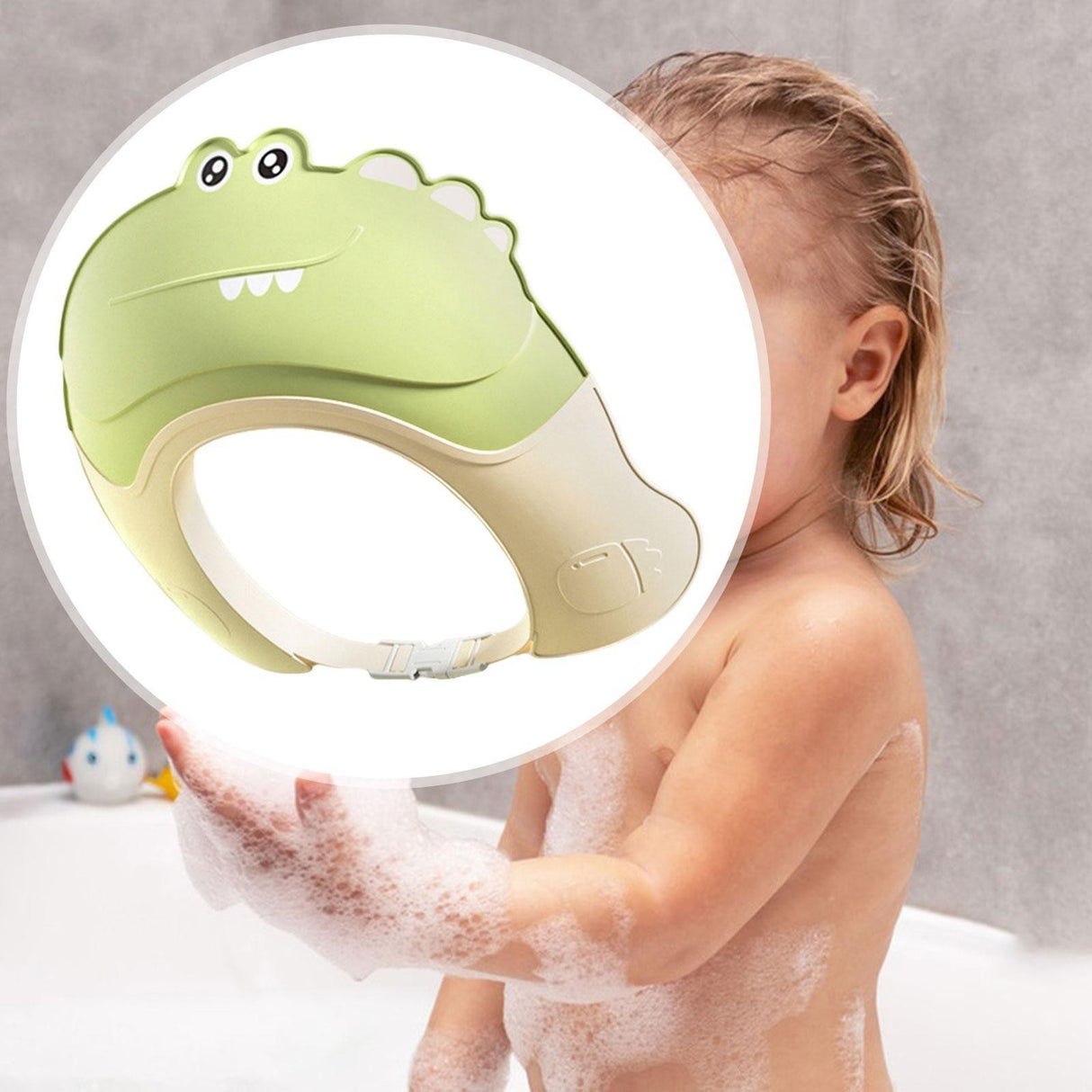 Casca de Dus, Vivimall, Previne Scurgerea Apei si Samponului pe Fata, 0-12 Ani, Ajustabila, din TPE+PP, 20 x 23 cm, Model Crocodil, Verde - vivimall.ro