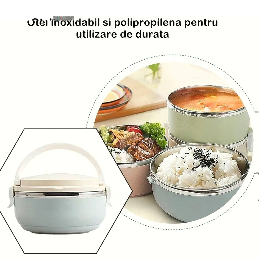 Caserola pentru alimente Vivimall, lunch box, 700 ml, otel inoxidabil, maner, valva aerisire, inchidere etansa, 15 x 8.5 cm, albastru - vivimall.ro