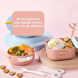 Caserola pentru copii Vivimall, lunch box, 750 ml, doua boluri, lingura, foarfeca din plastic, rezistenta la scurgeri, Roz - vivimall.ro