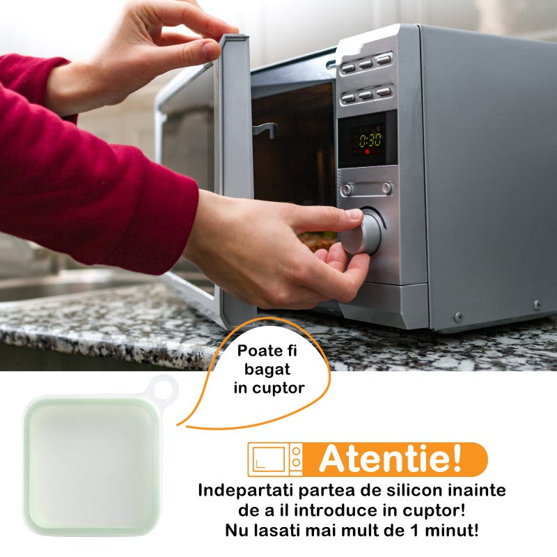 Caserola pentru sandwich Vivimall, din silicon si polipropilena, portabil, usor de curatat, capac anti-scurgere, reutilizabil, 15.5 x 15.5 x 2.5 cm, verde - vivimall.ro