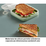 Caserola pentru sandwich Vivimall, din silicon si polipropilena, portabil, usor de curatat, capac anti-scurgere, reutilizabil, 15.5 x 15.5 x 2.5 cm, verde - vivimall.ro