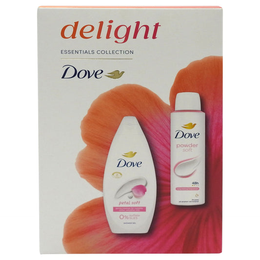 Ajándékdoboz, Dove, Tusfürdő 250 ml, Dezodor 150 ml Delight Petal Soft