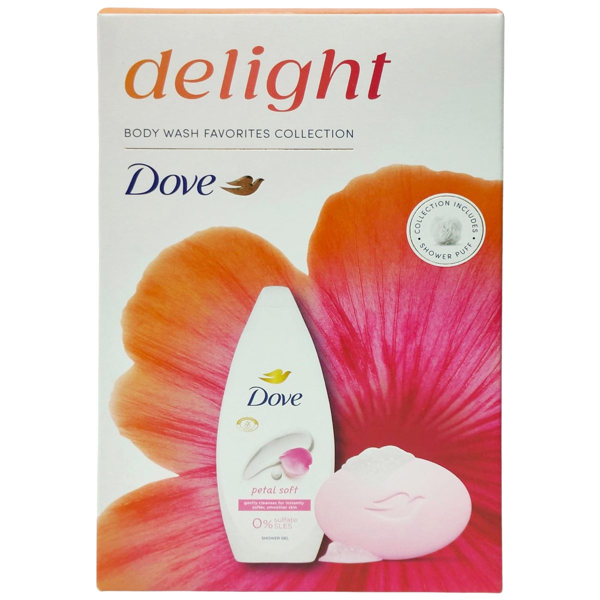 Ajándékcsomag, Dove, Tusfürdő 250, Szappan 90, Puf Delight Petal Soft
