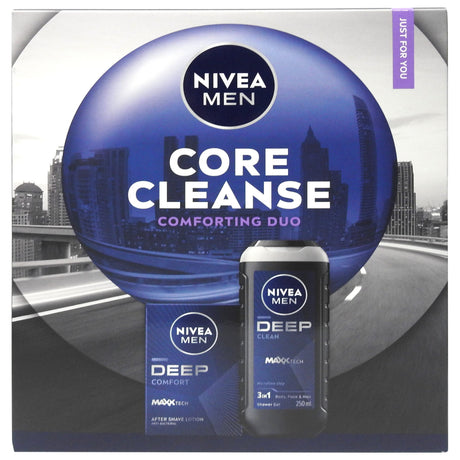 Casetă cadou Nivea Men cu aftershave 100 ml și gel de duș Cleanse Comforting 250 ml, vedere frontală