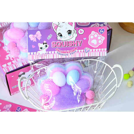 Jucarie Antistres Squishy, Vivimall, cu Revenire Lenta, Model Labuta de Pisica Pufoasa, 220g, 12.5 x 10.5 cm Squeeze Pinch Family, Ambalaj Transparent, Mov - vivimall.ro