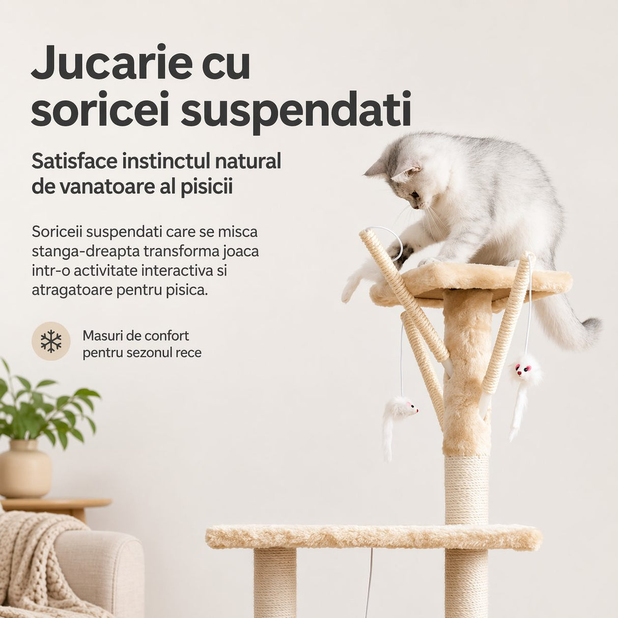 Hamac și platforme ansamblu de joacă Flippy pentru pisici, 135 cm înălțime, crem