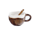 Cana din Ceramica, Vivimall, 201-300 ml, cu Lingurita, Model Nuca de Cocos, Maro - vivimall.ro