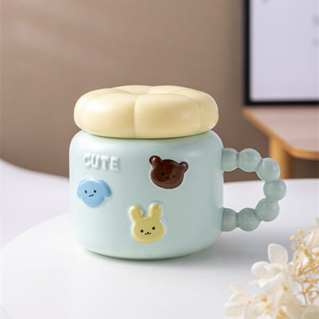 Cana pentru Copii, Vivimall, din Portelan, print Figurine Animalute, Model CUTE, Cana cu Capac, Ceasca pentru Cafea, Ceai, 400ml Albastru deschis - vivimall.ro