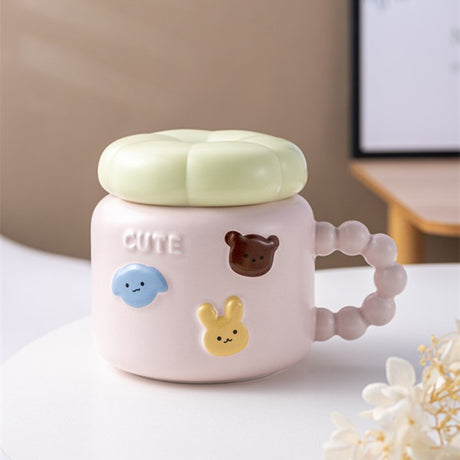 Cana Pentru Copii, Din Portelan, Print Figurine Animalute, Model Cute, Cana Cu Capac, Ceasca Pentru Cafea, Ceai, 400Ml Roz - vivimall.ro