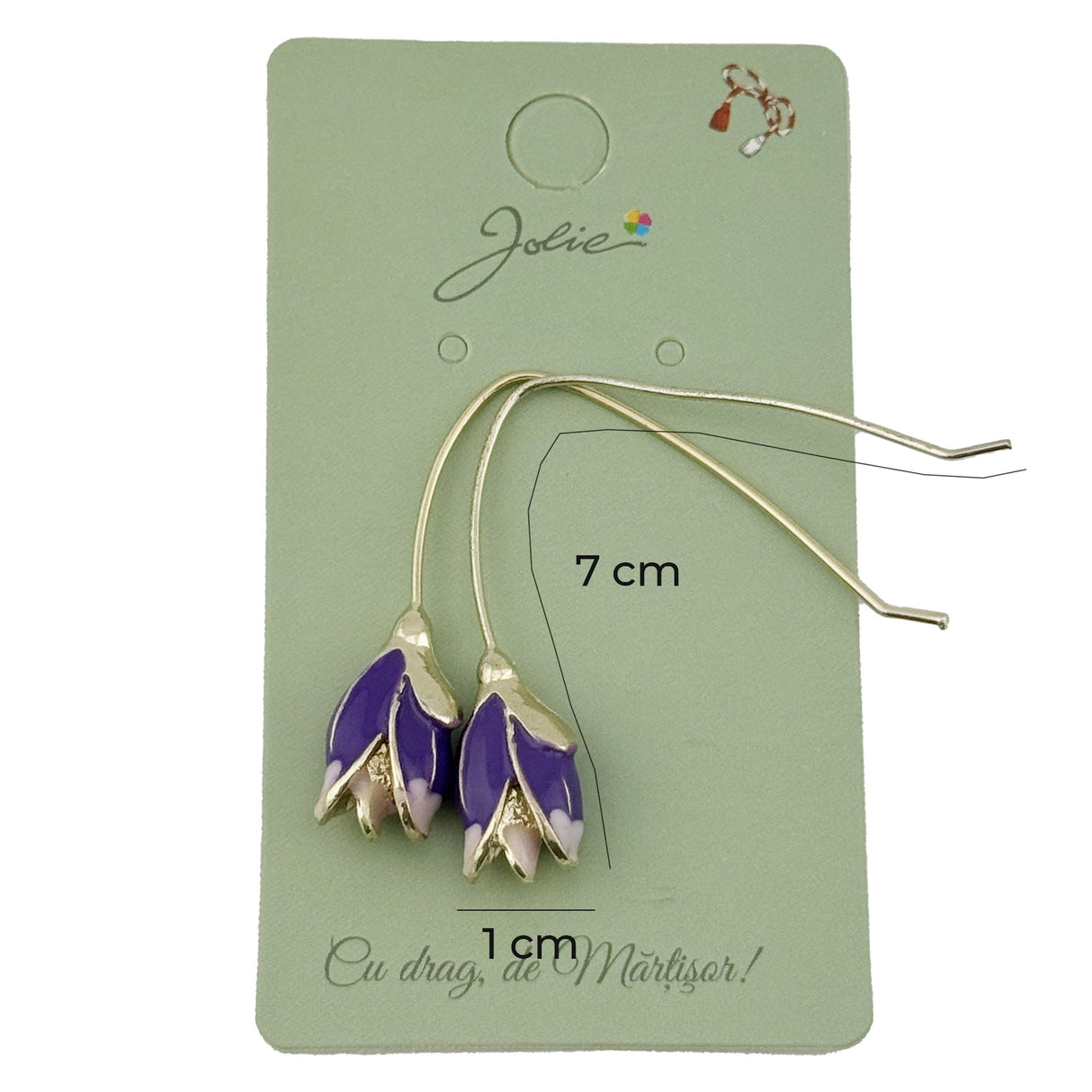 Cercei damă Jolie Flori Iris mov 7x1 cm, vedere laterală, design primăvară