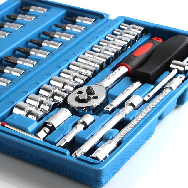 Chei tubulare Set 46 de Piese, Vivimall, Trusa Scule de Reparatii Auto, Prelungitoare Rigid si Flexibil, Articulatie Cardanica, Antrenor de Forta Glisant, Adaptoare, Maner pentru Surubelnita, 23 x 12 x 4 cm, 1.9 kg, Cutie Albastra - vivimall.ro