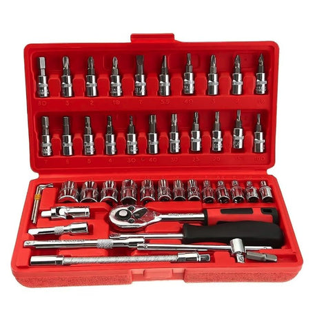 Chei tubulare Set 46 de Piese, Vivimall, Trusa Scule de Reparatii Auto, Prelungitoare Rigid si Flexibil, Articulatie Cardanica, Antrenor de Forta Glisant, Adaptoare, Maner pentru Surubelnita, 23 x 12 x 4 cm, 1.9 kg, Cutie Rosie - vivimall.ro