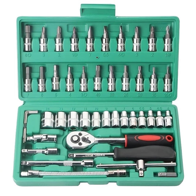 Chei tubulare Set 46 de Piese, Vivimall, Trusa Scule de Reparatii Auto, Prelungitoare Rigid si Flexibil, Articulatie Cardanica, Antrenor de Forta Glisant, Adaptoare, Maner pentru Surubelnita, 23 x 12 x 4 cm, 1.9 kg, Cutie Verde - vivimall.ro