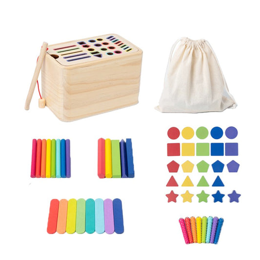 Jucarie Educativa Montessori Flippy din Lemn, Cutie Sortare Forme, Culori si Betisoare, Joc de Insirare, 56 piese, Dezvoltare Motricitate Fina, Copii 3+ ani, Multicolor - vivimall.ro