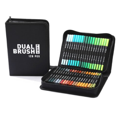 Set Carioci pe Baza de Apa, Vivimall, 2 in 1, pentru Pictura, Caligrafie, 120 Culori, Penar Negru, Corp Carioca Negru, 27.5 x 19.5 x 8 cm, Multicolor - vivimall.ro