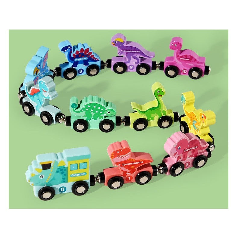 Detaliu vagon trenuleț magnetic Flippy Dinozauri, sistem prindere magnetică, material lemn colorat