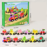 Detaliu vagoane trenuleț magnetic Flippy lemn cu ilustrații fructe colorate și sistem magnetic
