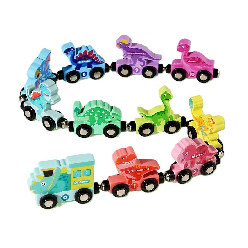 Trenuleț magnetic Flippy din lemn, model Dinozauri, 10 vagoane colorate asamblate, vedere frontală