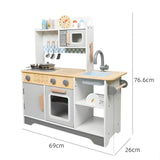 Detaliu plită interactivă bucătărie lemn Flippy cu butoane rotative și elemente multicolore pentru copii