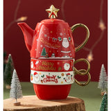 Set de Ceai, Vivimall, Tema Craciun, Ceainic 450 ml, 2 Cani 250 ml, Model Mos Craciun, Rosu - vivimall.ro