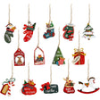 Set 14 ornamente de Crăciun din lemn natural multicolor, vedere de ansamblu cu toate figurinele