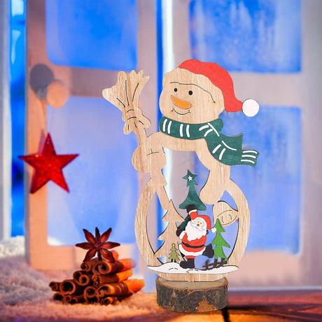 Decoratiune de Craciun, Flippy, din Lemn, 11 x 20 cm, Model Om de Zapada cu Caciula Rosie, Multicolor - vivimall.ro
