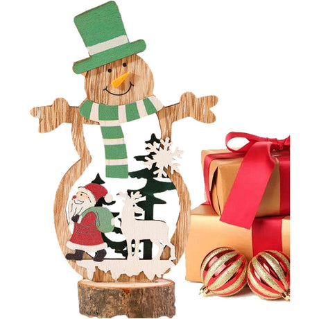 Decoratiune de Craciun, Flippy, din Lemn, 10.5 x 18 cm, Model Om de Zapada cu Caciula Verde, Multicolor - vivimall.ro