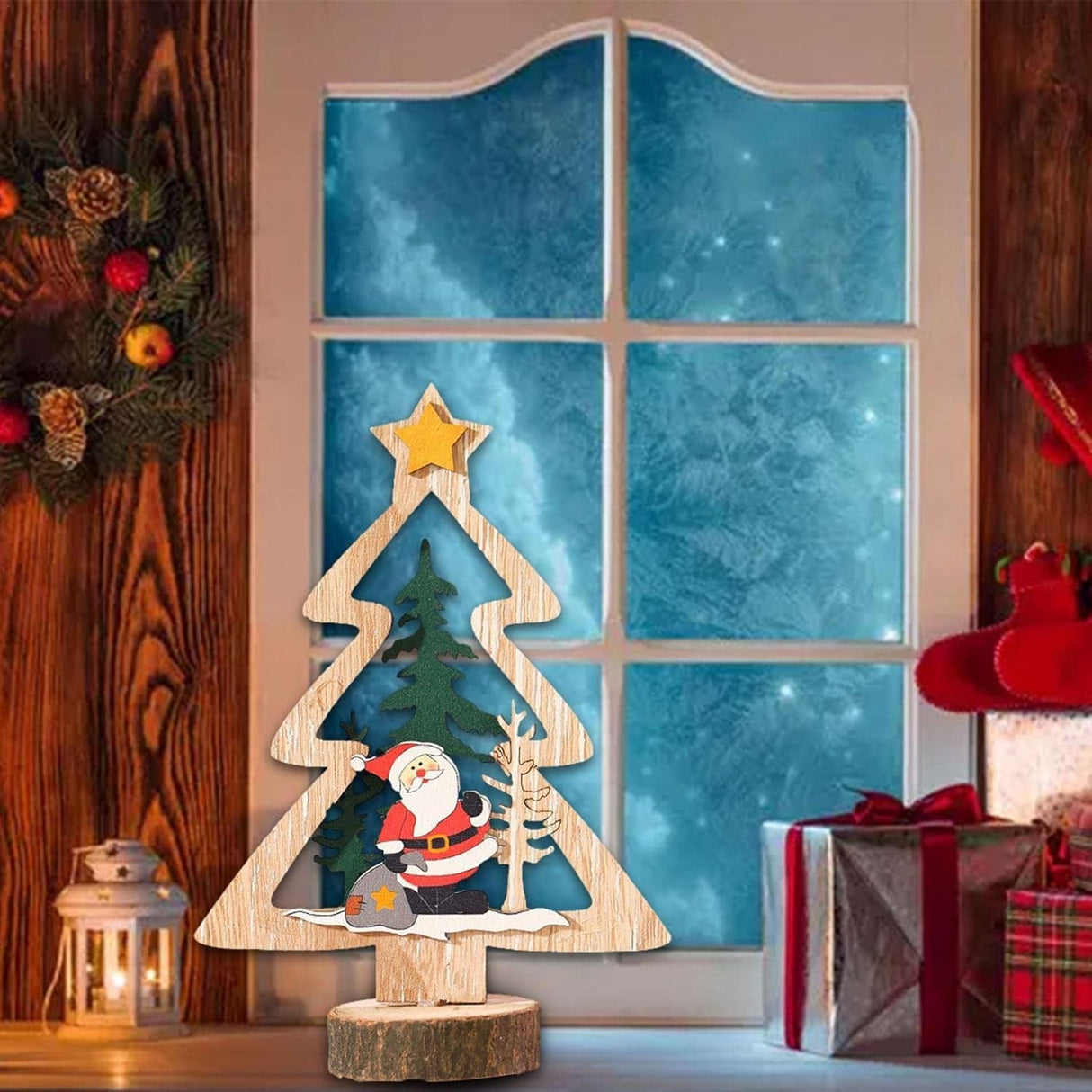 Decoratiune de Craciun, Flippy, din Lemn, 13.5 x 20 cm, Model Brad cu Stea Galbena, Multicolor - vivimall.ro