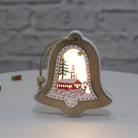 Ornament de Brad, Vivimall, cu Lumini LED, din Lemn, Model Clopot, Multicolor - vivimall.ro