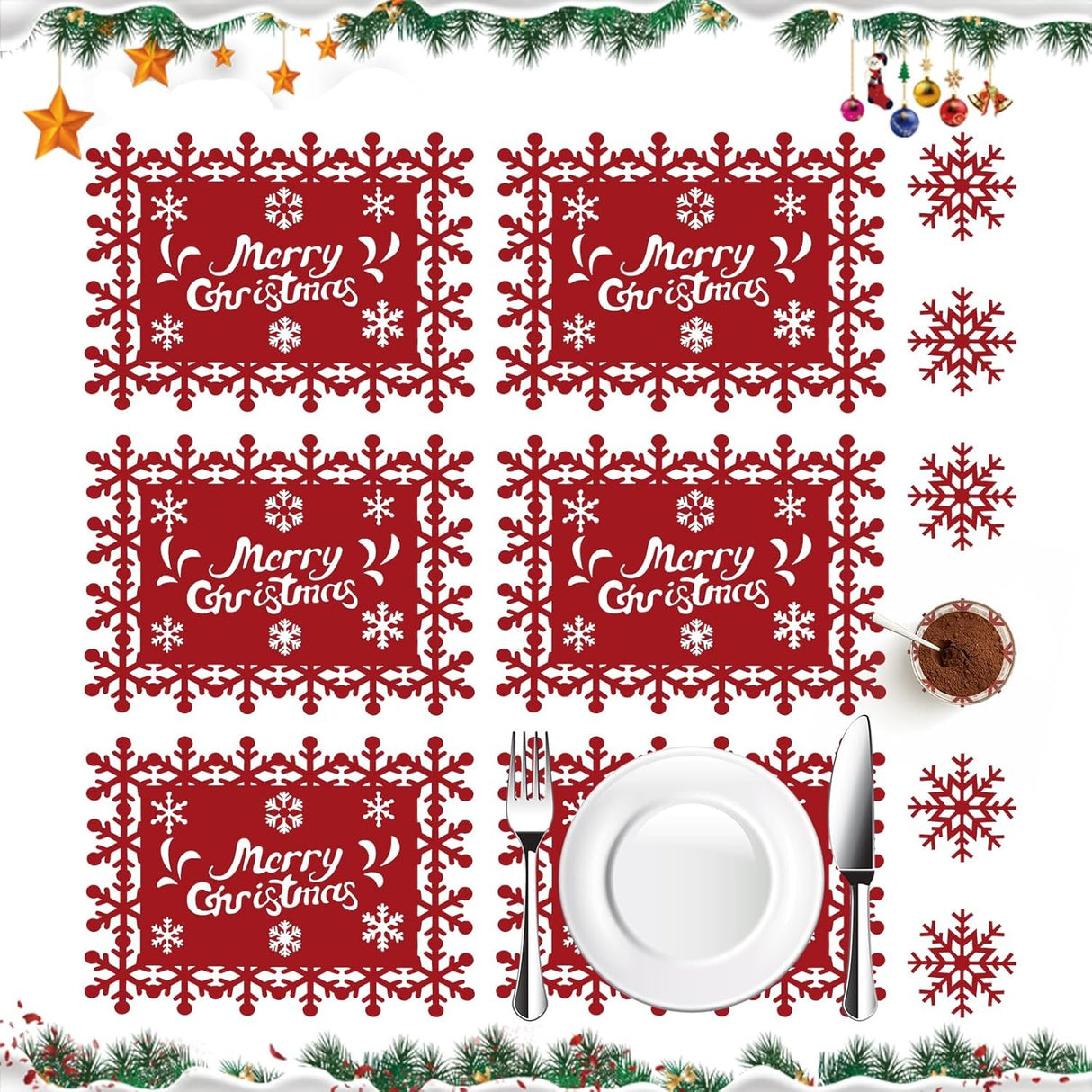 Set 12 Servete pentru Masa si Suporturi de Pahare/Tacamuri, Vivimall, Scris Merry Christmas, 6 Servete 25x35 cm, 6 Suporturi de 10x10 cm, Rosu - vivimall.ro