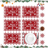 Set 12 Servete pentru Masa si Suporturi de Pahare/Tacamuri, Vivimall, Scris Merry Christmas, 6 Servete 25x35 cm, 6 Suporturi de 10x10 cm, Rosu - vivimall.ro